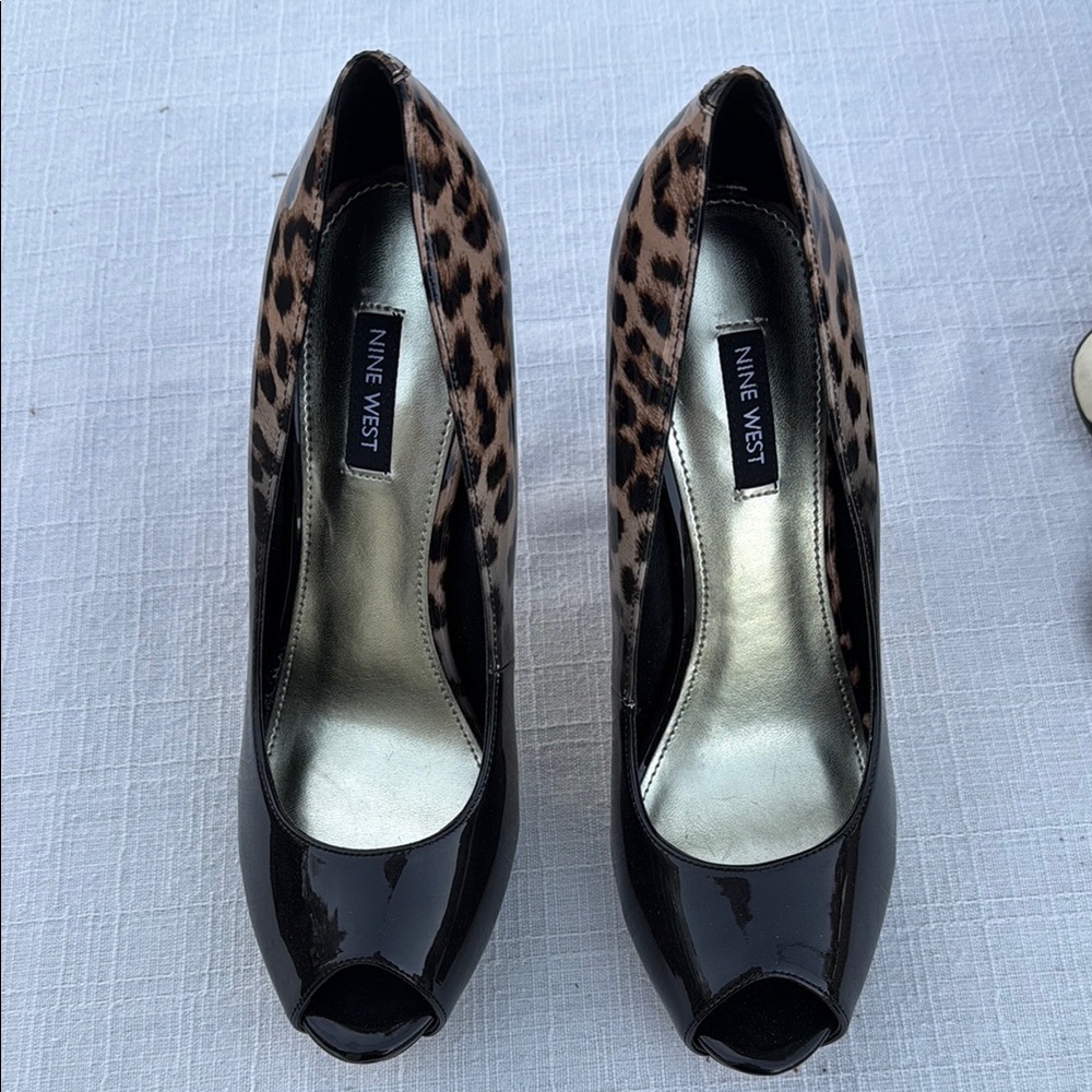 Nine West Leopard Print and Black Peep Toe Heels